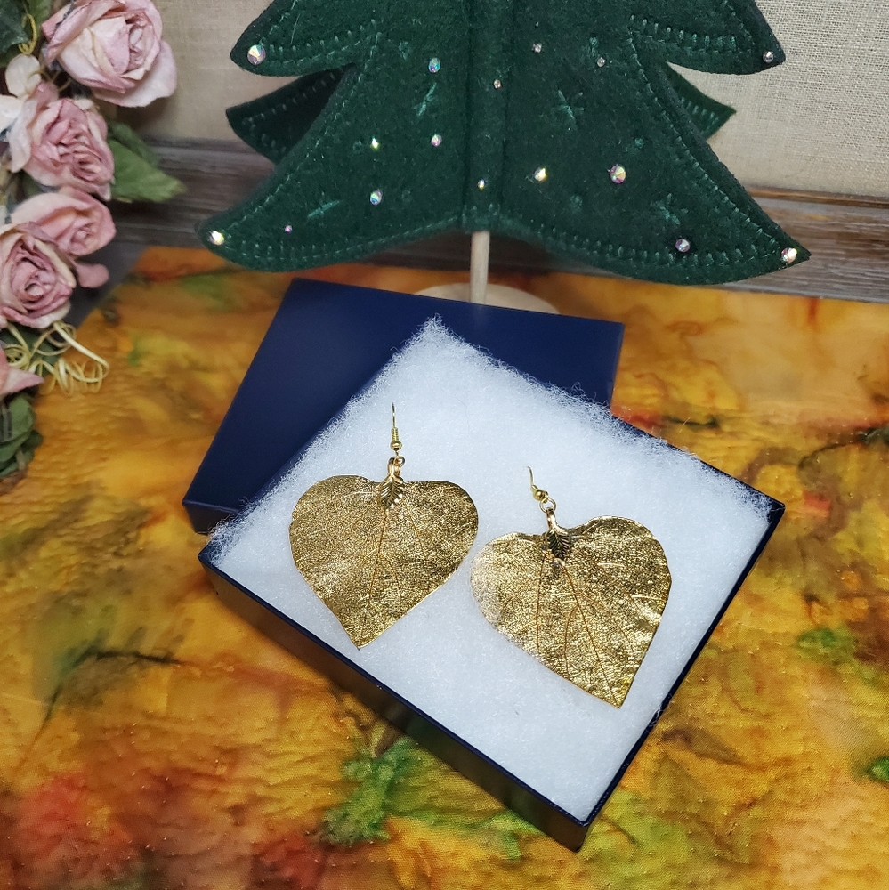 Vintage Gold Dipped Real Leaf Earrings, New Never Worn